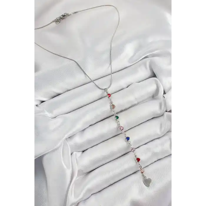 Pirinç Gümüş Renk Karışık Renk Zirkon Taşlı Kalpli Y Kadın Kolye