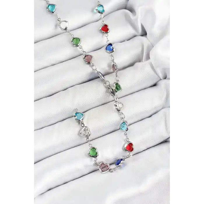 Pirinç Gümüş Renk Karışık Renk Zirkon Taşlı Kalpli Y Kadın Kolye
