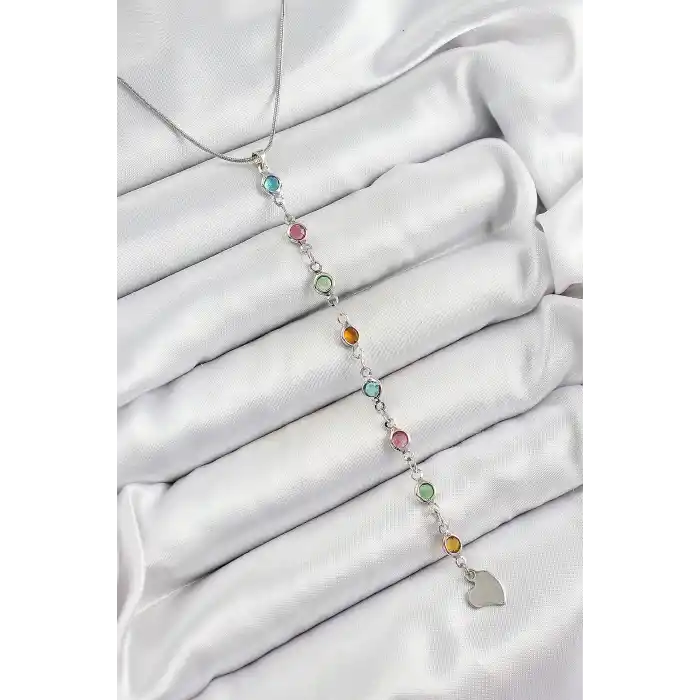 Pirinç Gümüş Renk Karışık Renk Zirkon Taşlı Y Kadın Kolye