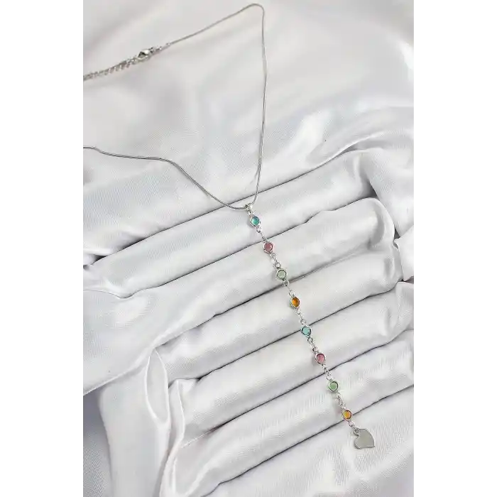 Pirinç Gümüş Renk Karışık Renk Zirkon Taşlı Y Kadın Kolye