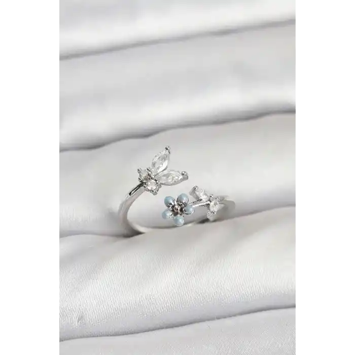 Pirinç Gümüş Renk Kelebek Model Kadın Yüzük