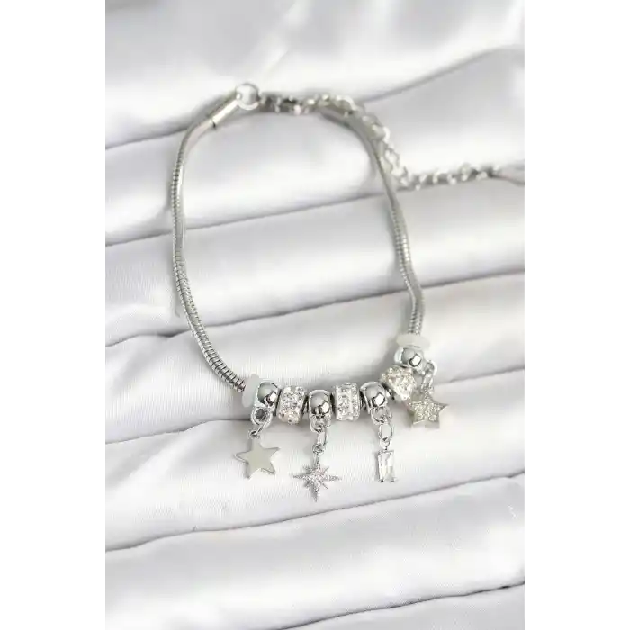 Pirinç Gümüş Renk Kutup Yıldızı Charmlı Kadın Bileklik