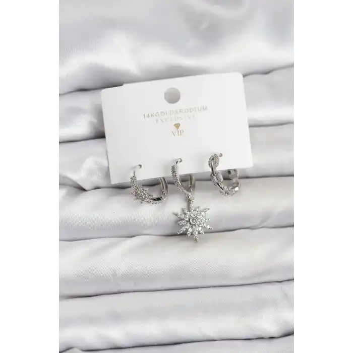 Pirinç Gümüş Renk Kutup Yıldızı Model 3lü Kadın Küpe Seti