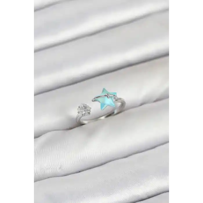 Pirinç Gümüş Renk Mavi Yıldızlı Model Kadın Yüzük