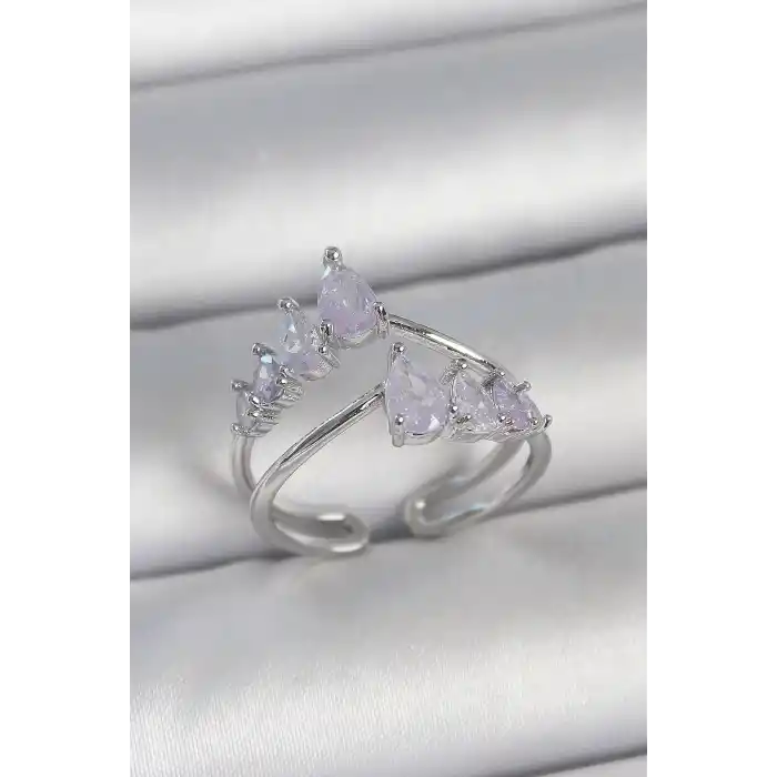 Pirinç Gümüş Renk Mor Damla Zirkon Taşlı Taç Model Kadın Yüzük