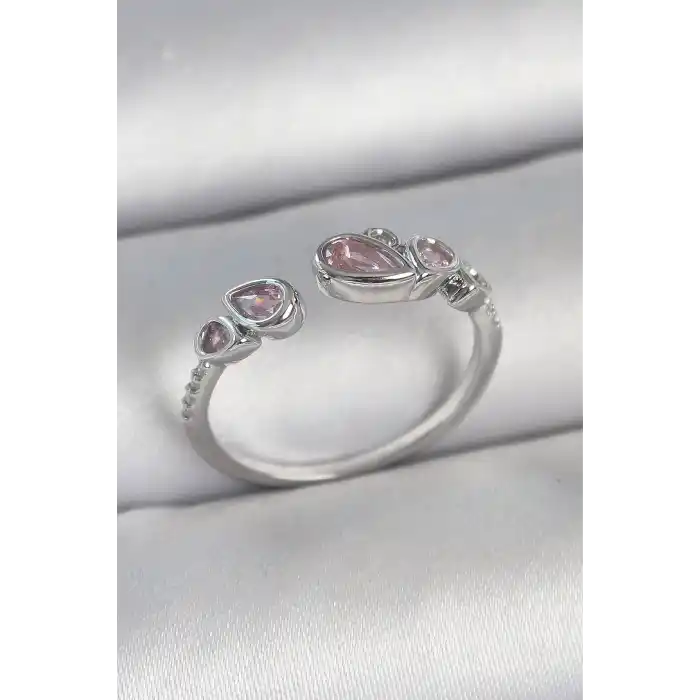 Pirinç Gümüş Renk Pembe Damla Zirkon Taşlı Ayarlanabilir Model Kadın Yüzük