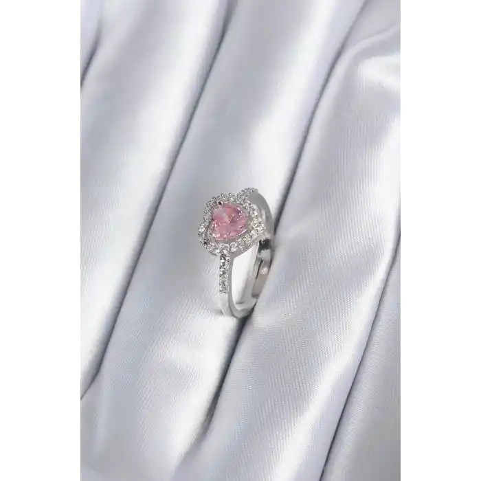 Pirinç Gümüş Renk Pembe Zirkon Taş Kalp Charm Model Kadın Yüzük