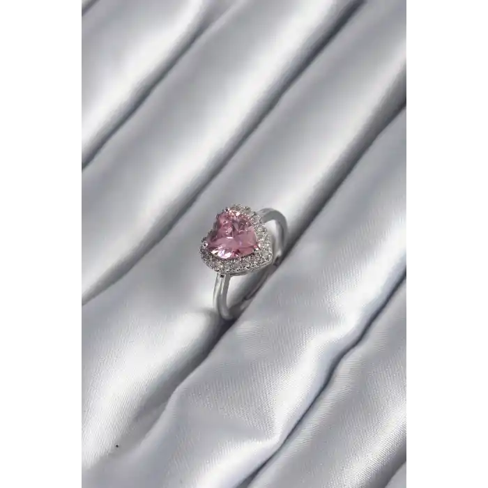 Pirinç Gümüş Renk Pembe Zirkon Taş Kalp Charm Model Kadın Yüzük