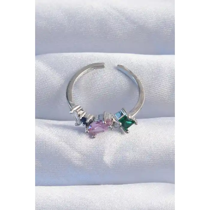 Pirinç Gümüş Renk Renkli Zirkon Taşlı Ayarlanabilir Yüzük