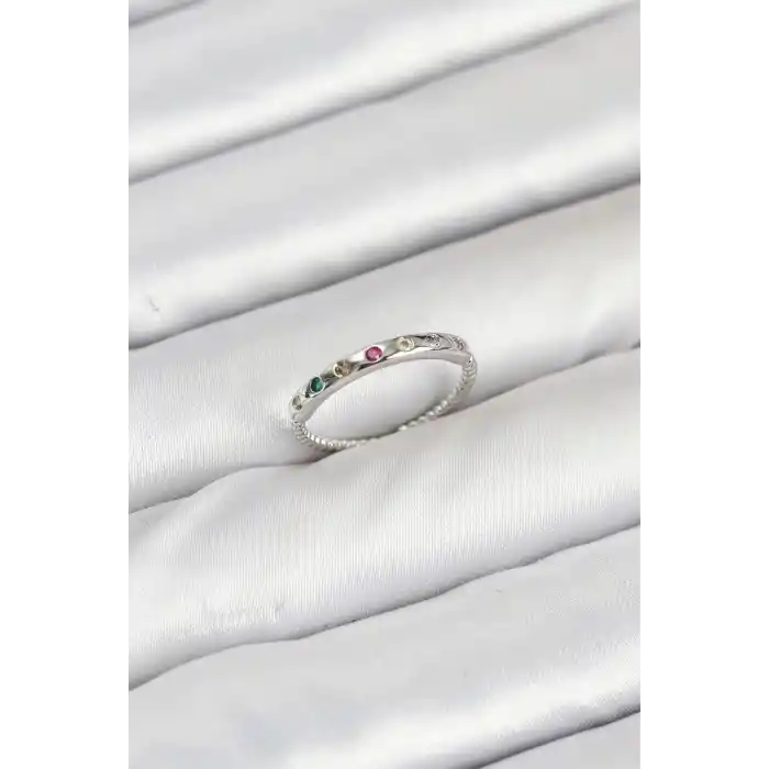 Pirinç Gümüş Renk Renkli Zirkon Taşlı Kadın Yüzük