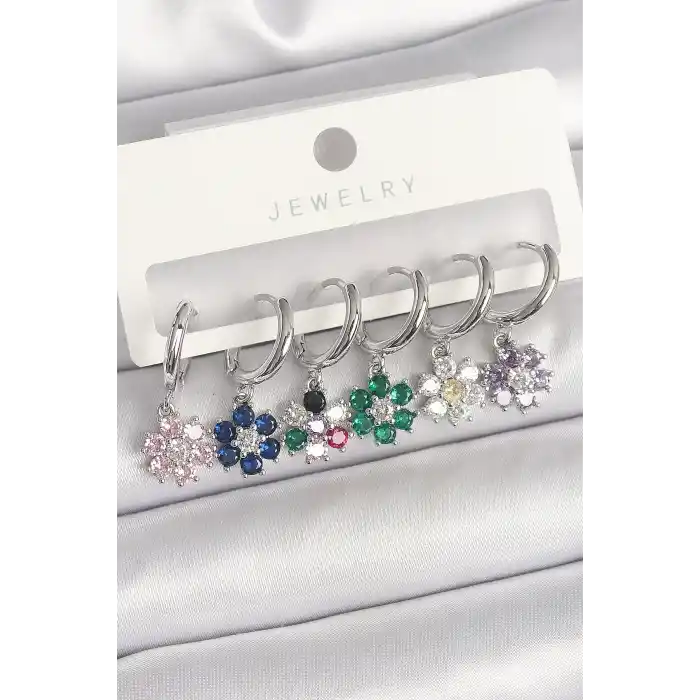 Pirinç Gümüş Renk Sallantı Renkli Zirkon Taşlı Çiçek Model Kadın Küpe Seti