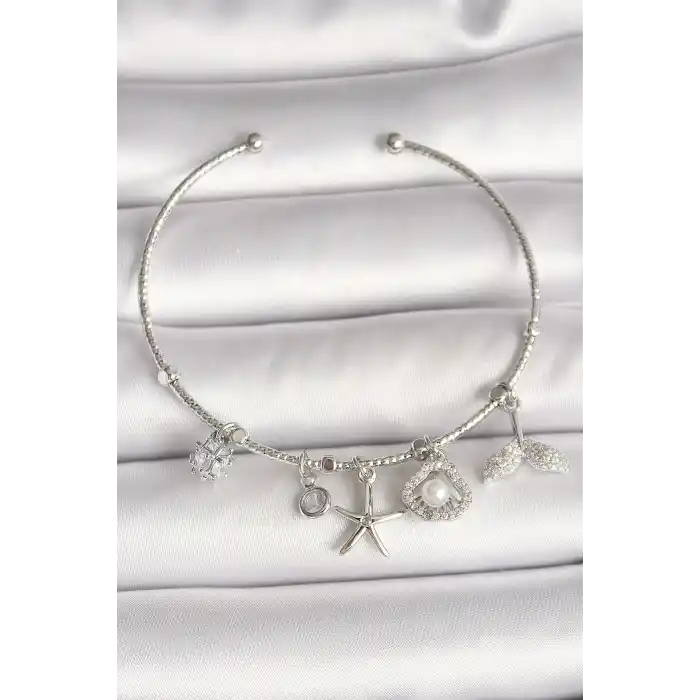 Pirinç Gümüş Renk Sallantı Zirkon Taşlı Deniz Yıldız Figür Balık Kuyruğu Detay Charm Kadın Bileklik