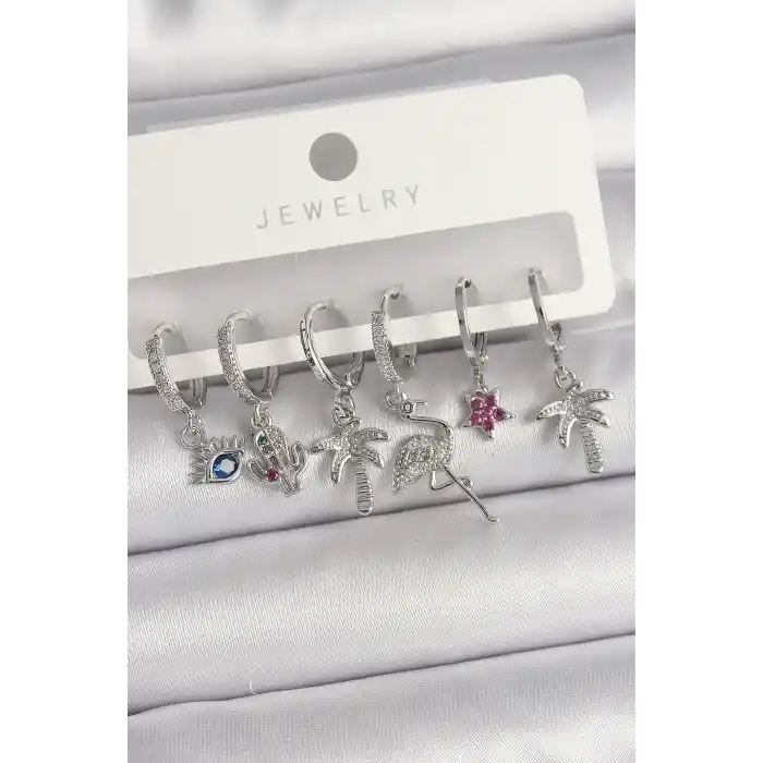 Pirinç Gümüş Renk Sallantı Zirkon Taşlı Deve Kuşu Figür Çoklu Kadın Küpe Seti