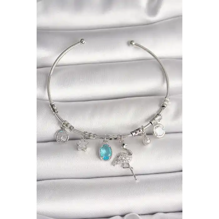 Pirinç Gümüş Renk Sallantı Zirkon Taşlı Filaminga Figür Charm Kadın Bileklik