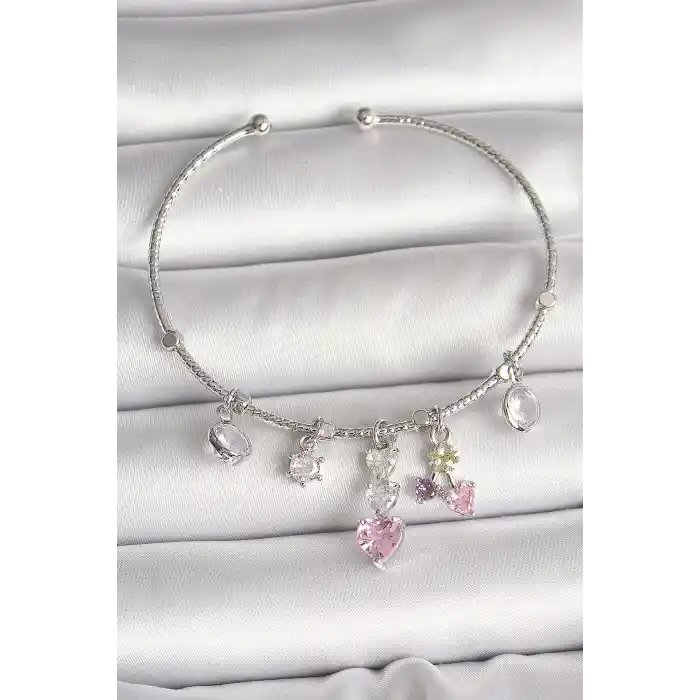 Pirinç Gümüş Renk Sallantı Zirkon Taşlı Kalp Figür Charm Kadın Bileklik