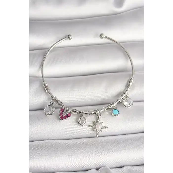 Pirinç Gümüş Renk Sallantı Zirkon Taşlı Kutup Yıldız Figür Kalp Detay Charm Kadın Bileklik