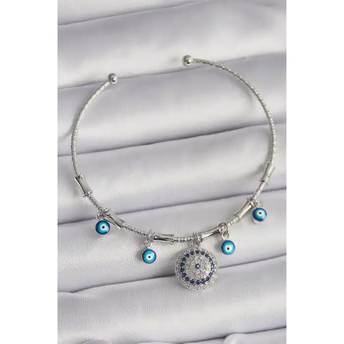 Pirinç Gümüş Renk Sallantı Zirkon Taşlı Nazar Boncuk Figür Charm Bileklik