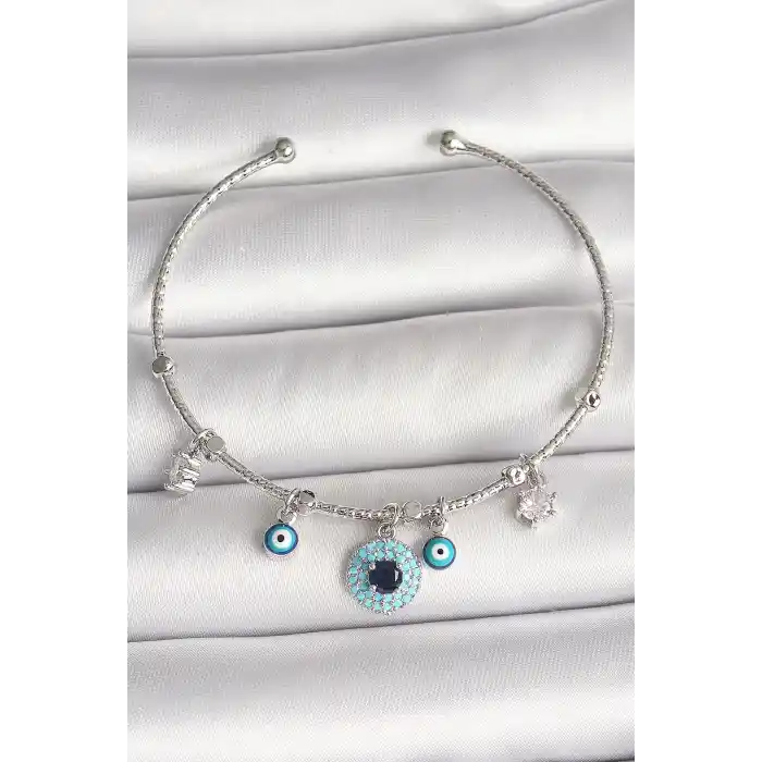 Pirinç Gümüş Renk Sallantı Zirkon Taşlı Nazar Boncuk Figür Charm Kadın Bileklik