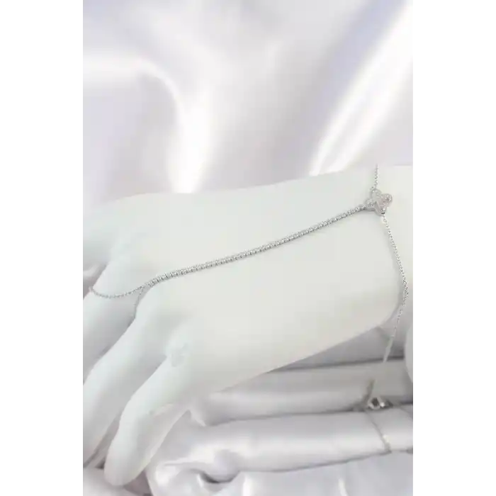 Pirinç Gümüş Renk Su Yolu Zirkon Taşlı İşlemeli Yonca Model Kadın Şahmeran