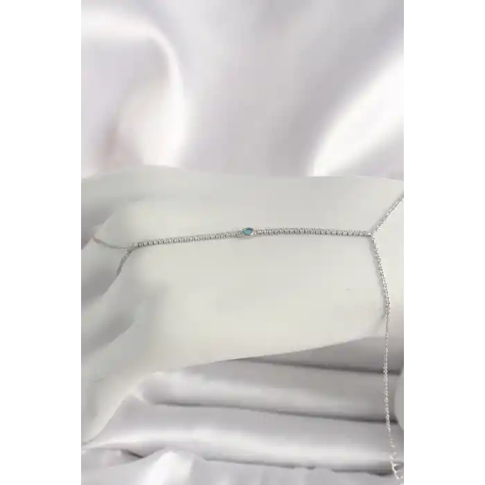 Pirinç Gümüş Renk Su Yolu Zirkon Taşlı Mavi Taş Detaylı Kadın Şahmeran