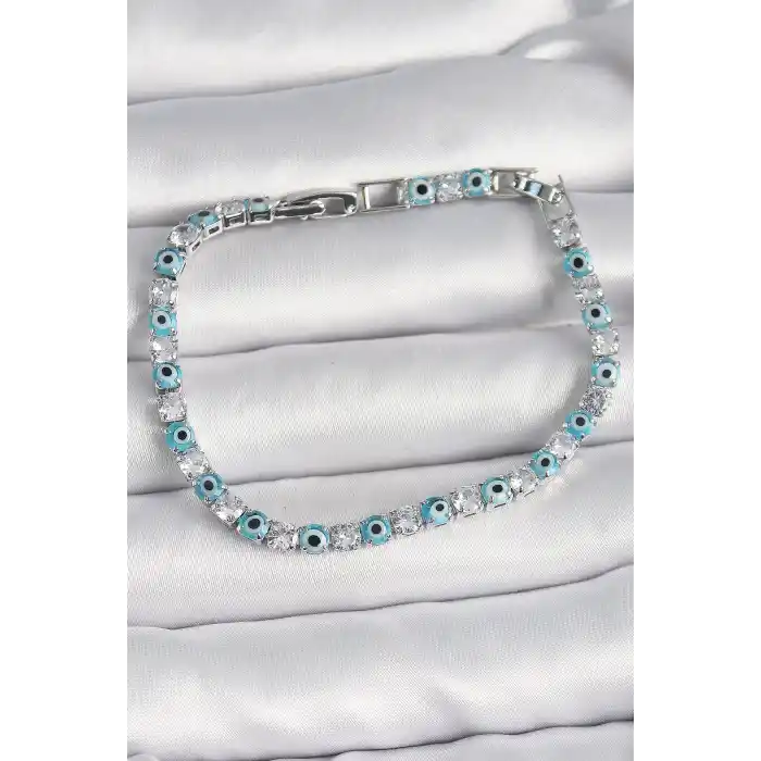 Pirinç Gümüş Renk Su Yolu Zirkon Taşlı Nazar Boncuklu Kadın Bileklik