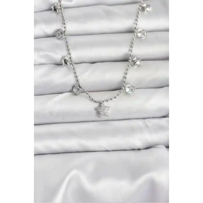 Pirinç Gümüş Renk Yıldız Model Kadın Kolye
