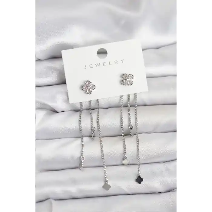 Pirinç Gümüş Renk Yonca Model Sallantılı Kadın Küpe