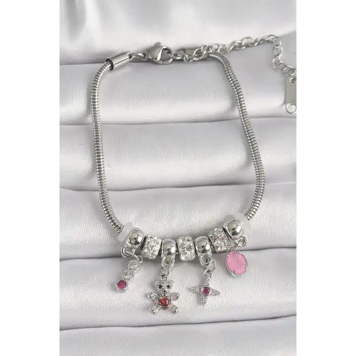 Pirinç Gümüş Renk Zincir Sallantı Zirkon Taşlı Ayıcık Figür Yıldız Detay Kadın Bileklik