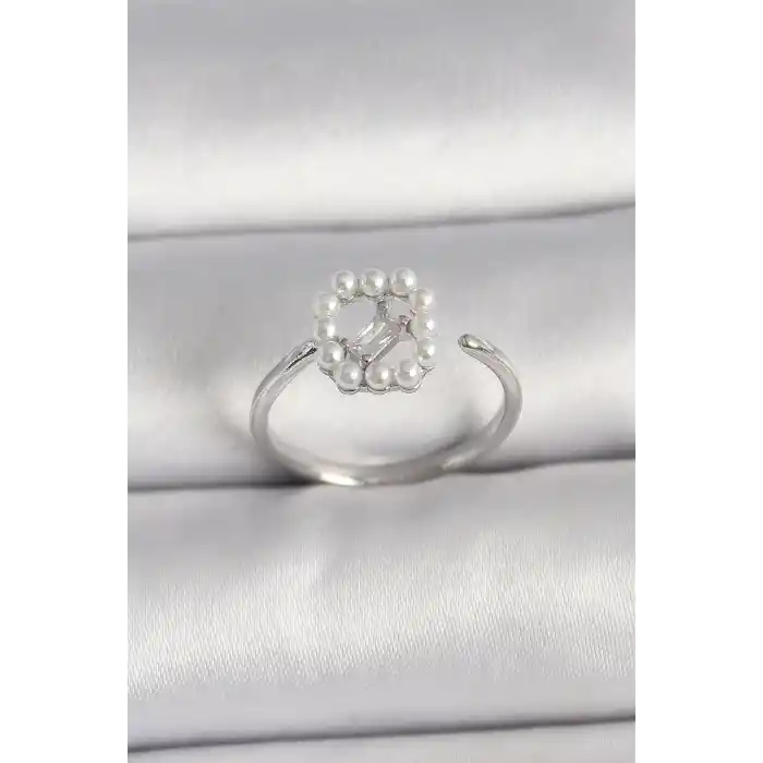 Pirinç Gümüş Renk Zirkon Taş Detaylı İncili Ayarlanabilir Yüzük