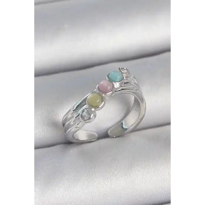 Pirinç Gümüş Renk Zirkon Taş Detaylı Renkli Mineli Ayarlanabilir Kadın Yüzük