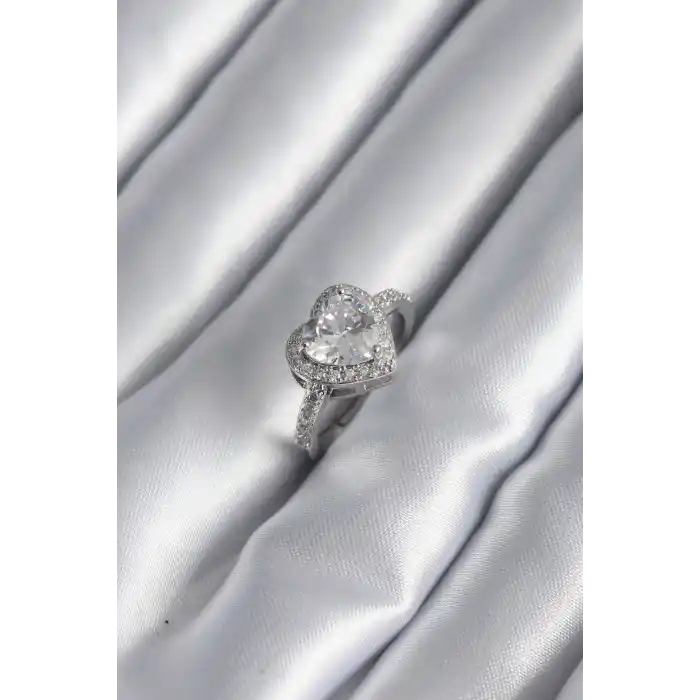 Pirinç Gümüş Renk Zirkon Taş Kalp Charm Model Kadın Yüzük