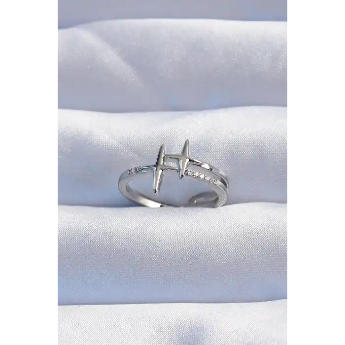 Pirinç Gümüş Renk Zirkon Taşlı 2li Görünüm Ayarlanabilir Yıldız Model Yüzük