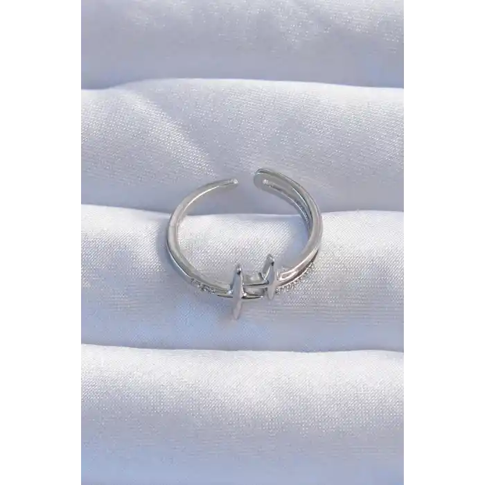 Pirinç Gümüş Renk Zirkon Taşlı 2li Görünüm Ayarlanabilir Yıldız Model Yüzük