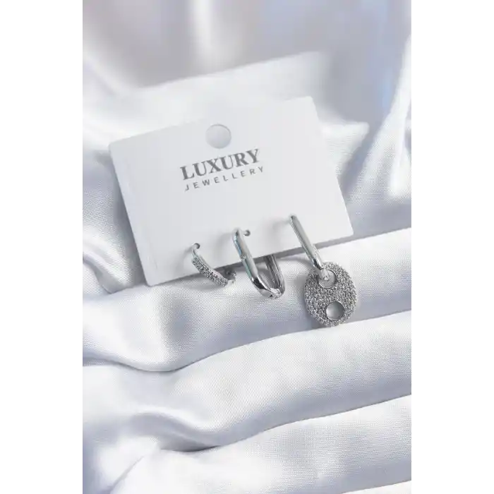 Pirinç Gümüş Renk Zirkon Taşlı 3lü Kadın Küpe Seti