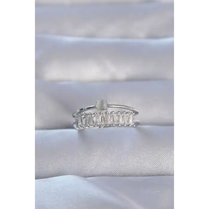 Pirinç Gümüş Renk Zirkon Taşlı Baget Su Yolu Model Ayarlanabilir Yüzük