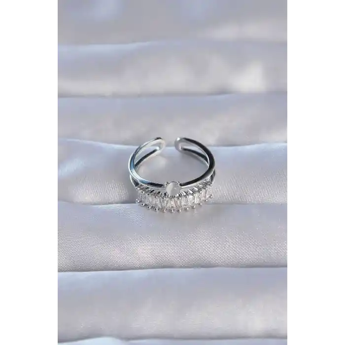 Pirinç Gümüş Renk Zirkon Taşlı Baget Su Yolu Model Ayarlanabilir Yüzük