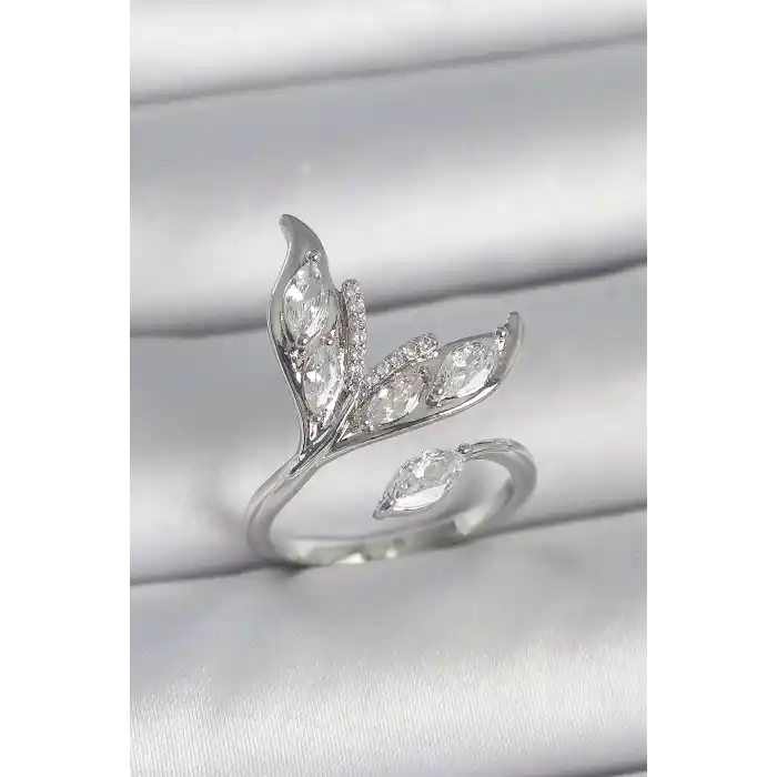 Pirinç Gümüş Renk Zirkon Taşlı Balık Kuyruğu Model Ayarlanabilir Kadın Yüzük