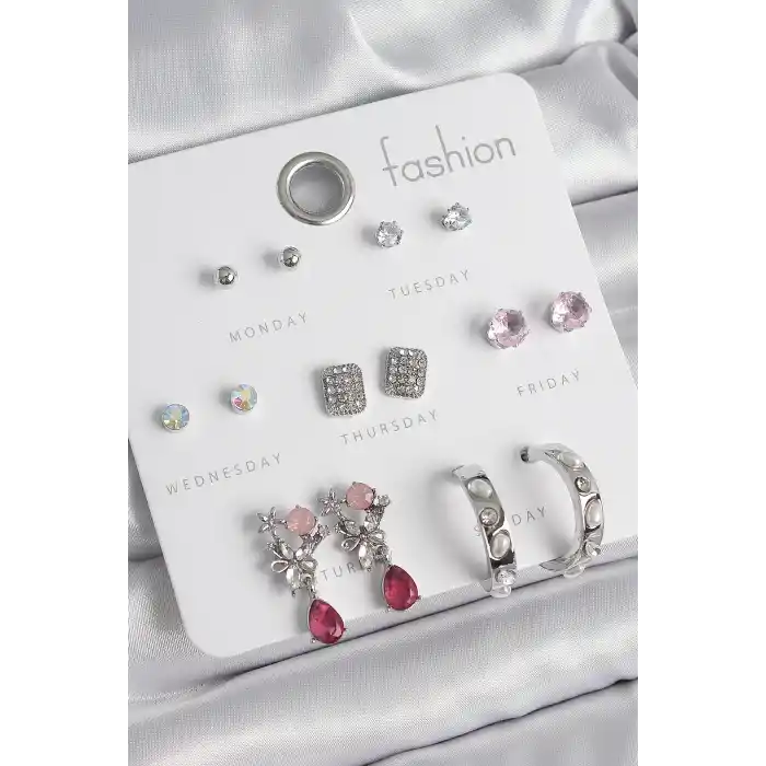 Pirinç Gümüş Renk Zirkon Taşlı Çiçek Figür İncili Halka Detay 7 Çift Kadın Küpe Seti