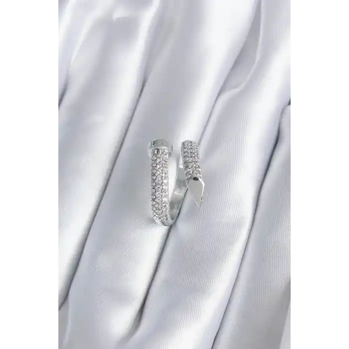 Pirinç Gümüş Renk Zirkon Taşlı Çivi Model Kadın Yüzük