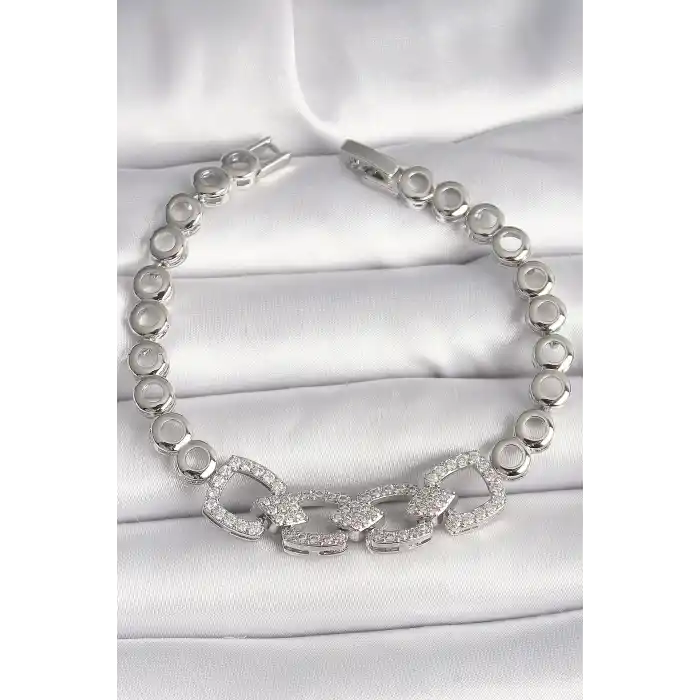 Pirinç Gümüş Renk Zirkon Taşlı Daire Zincir Model Kadın Bileklik