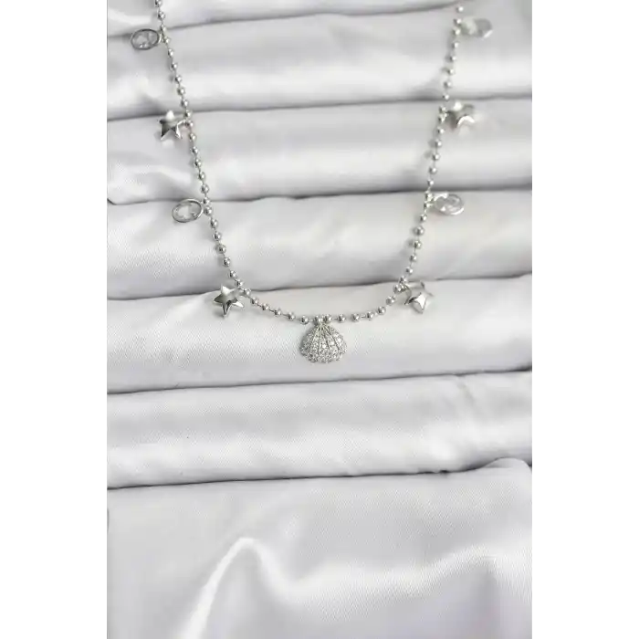 Pirinç Gümüş Renk Zirkon Taşlı Deniz Kabuğu Model Kadın Kolye