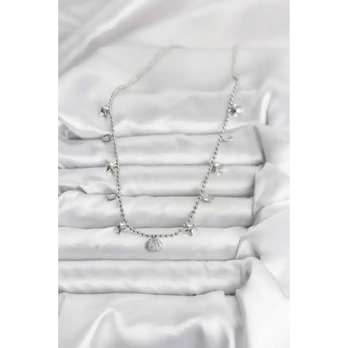 Pirinç Gümüş Renk Zirkon Taşlı Deniz Kabuğu Model Kadın Kolye