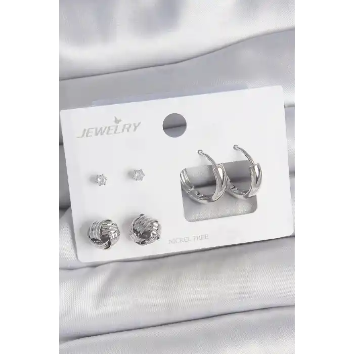 Pirinç Gümüş Renk Zirkon Taşlı Halka Model 3 Çift Kadın Küpe Seti