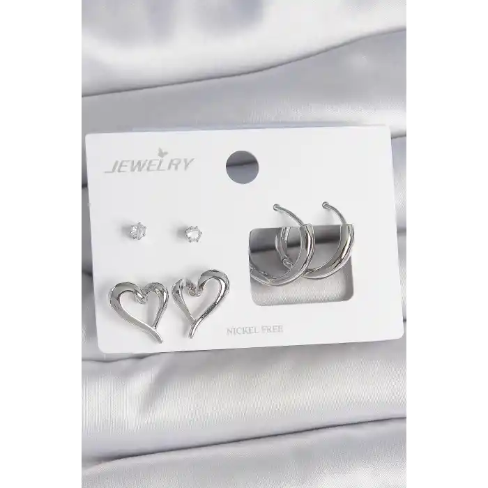 Pirinç Gümüş Renk Zirkon Taşlı Halka Model Kalp Detay 3 Çift Kadın Küpe Seti