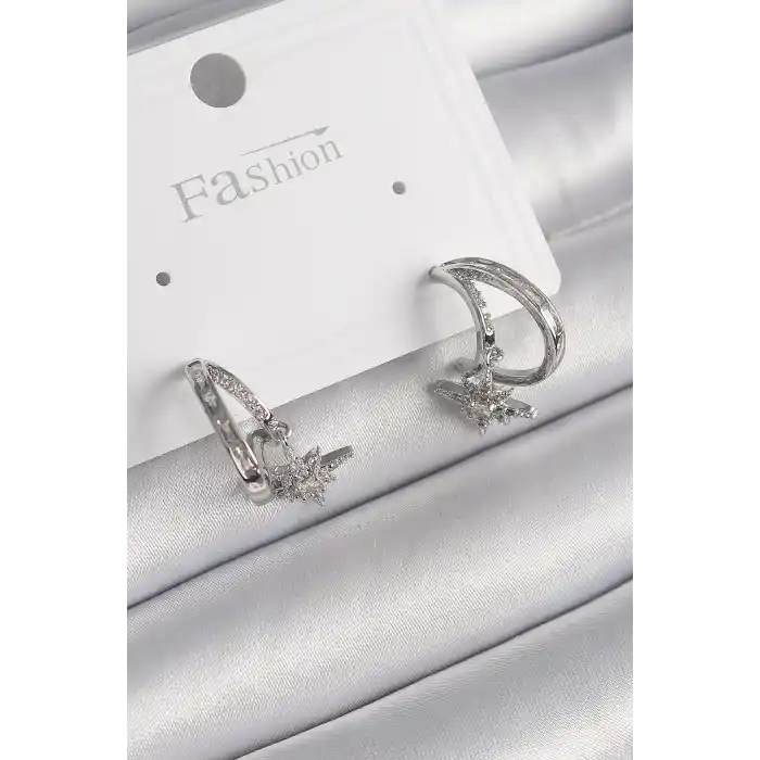 Pirinç Gümüş Renk Zirkon Taşlı Halka Model Sallantı Yıldız Detay Kadın Küpe