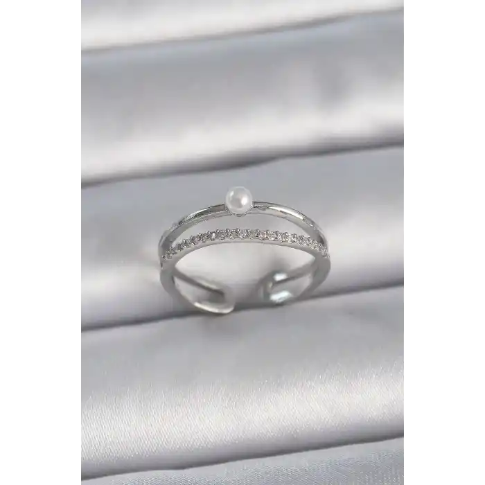 Pirinç Gümüş Renk Zirkon Taşlı İnci Detay Ayarlanabilir Model Kadın Yüzük