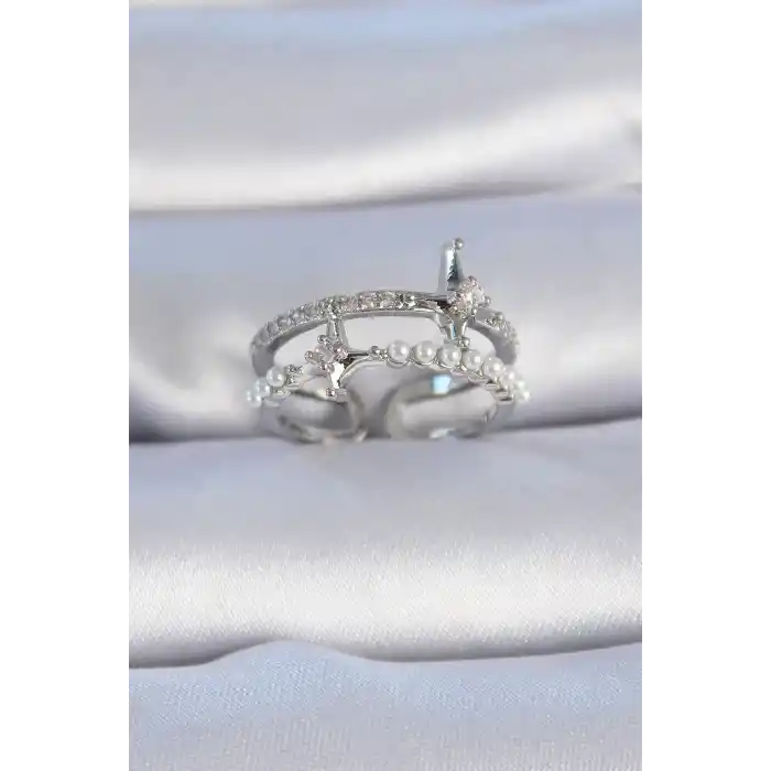 Pirinç Gümüş Renk Zirkon Taşlı İnci Detay Kutup Yıldızı Model Kadın Yüzük