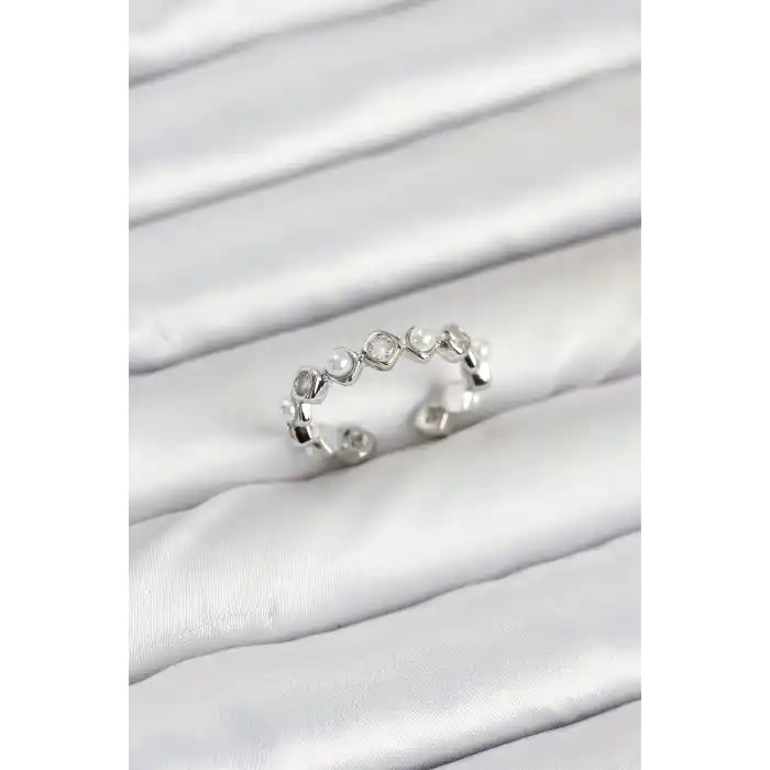 Pirinç Gümüş Renk Zirkon Taşlı İncili Kadın Yüzük