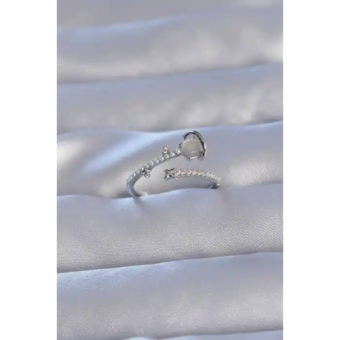 Pirinç Gümüş Renk Zirkon Taşlı İncili Satürn Model Ayarlanabilir Yüzük