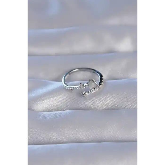 Pirinç Gümüş Renk Zirkon Taşlı İncili Satürn Model Ayarlanabilir Yüzük